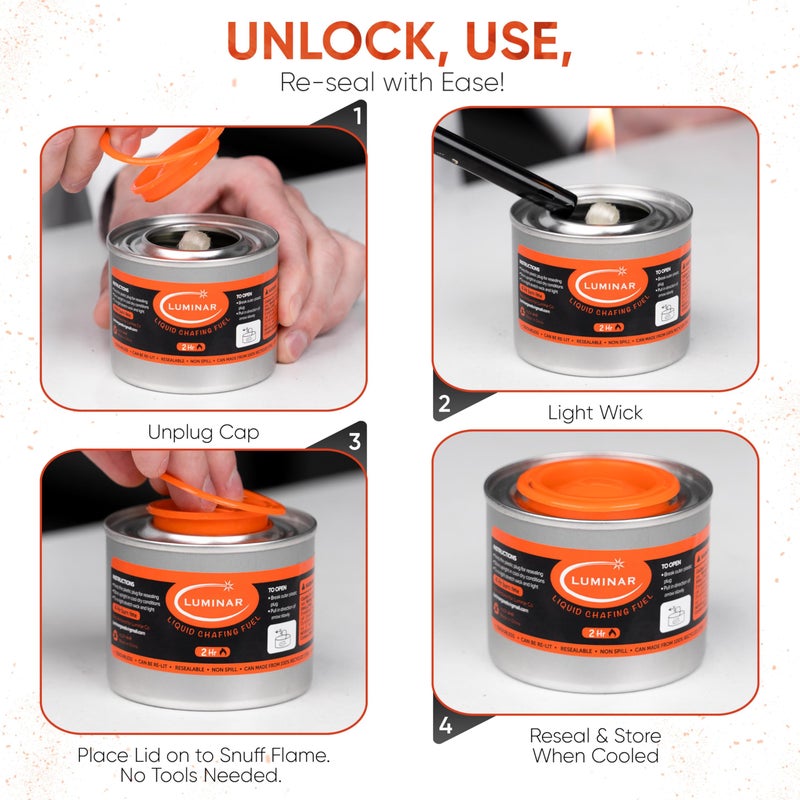 Luminar Resealable-Wick Chafing Fuel Cans, 24 Pack, 2 Hour - Premium Quality Burners for Food Warmers - No More Spills, Waste, or Hassle - Perfect for Convenient, and Long-Lasting Event Catering - Image 3